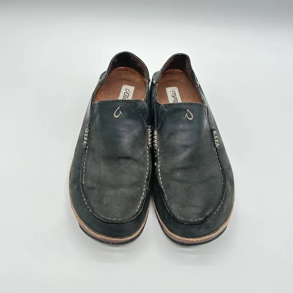 OluKai Moloa Mens 11 Black Leather Slip On Low Top Casual Comfort Loafers
